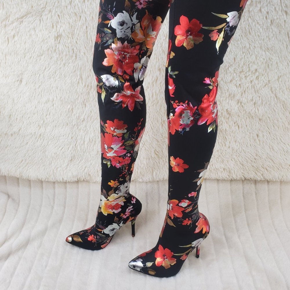 Brand New Metallic floral otk stretch 4" high heel Pull On Stocking boots